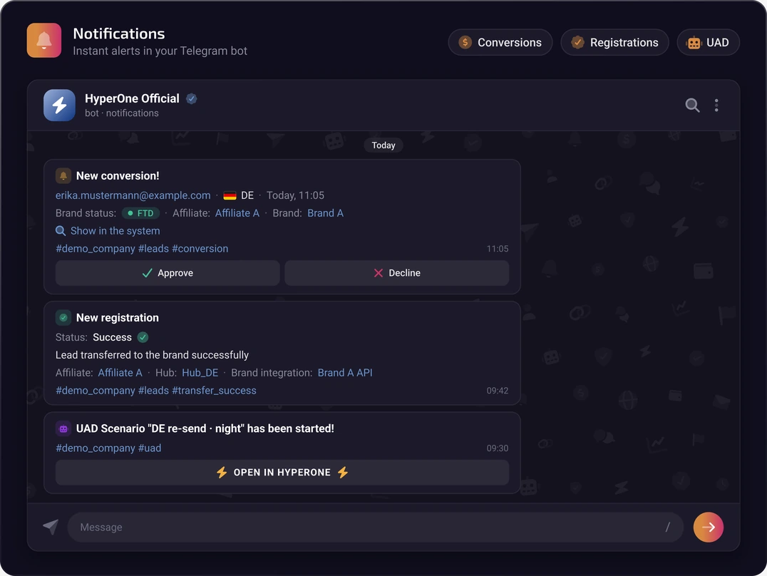 Conversion and registration notifications in the Hyperone Telegram bot