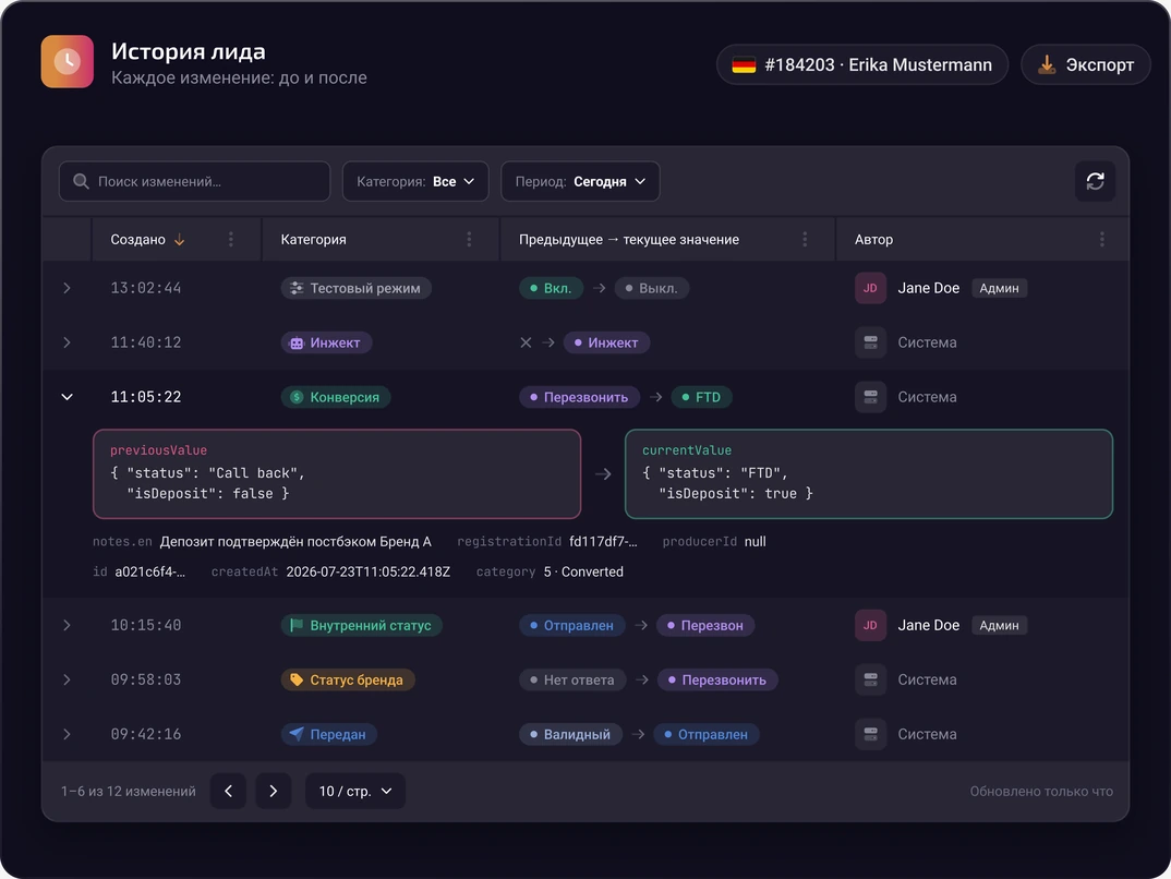 История изменений лида в Hyperone CRM