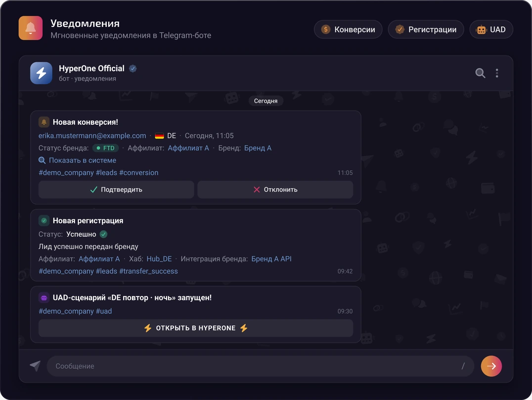 Уведомления о конверсиях и регистрациях в Telegram-боте Hyperone