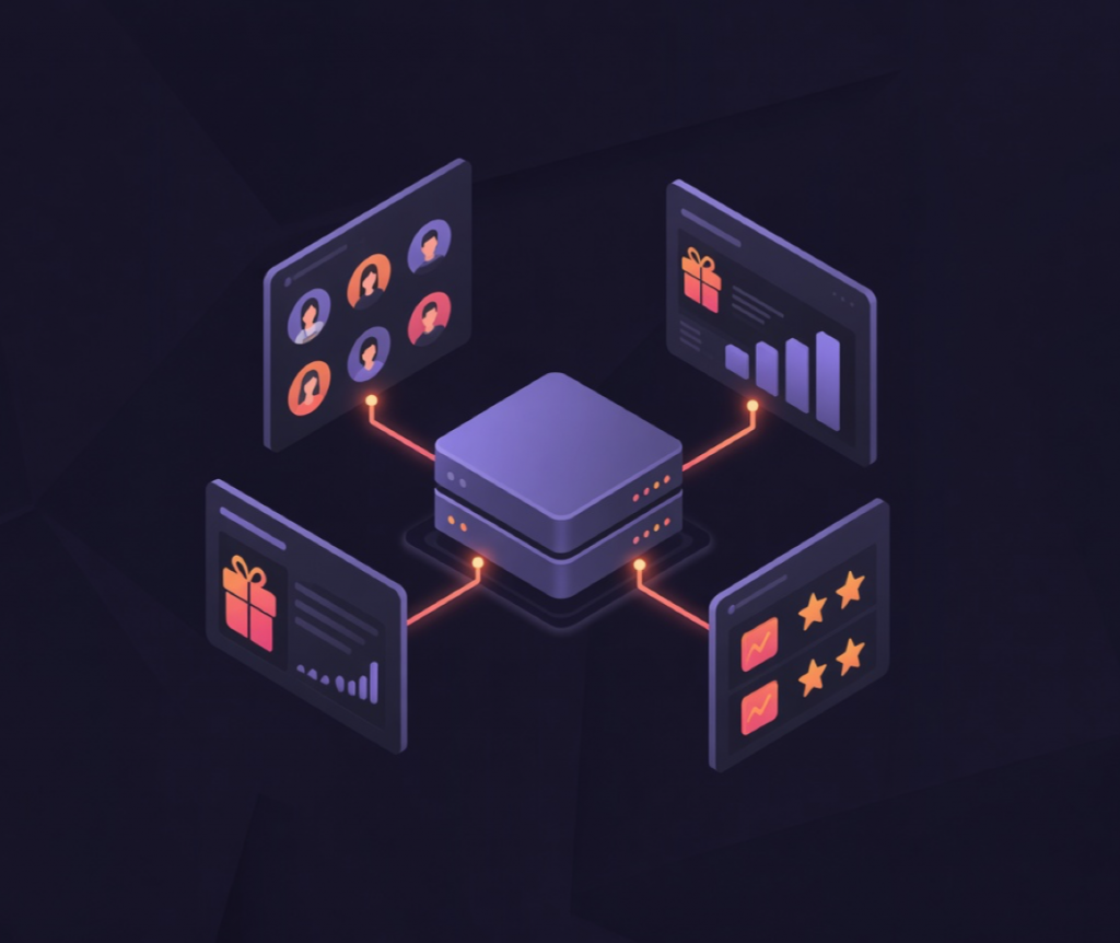Affiliate network software hub connected to partner, offer and reporting dashboards