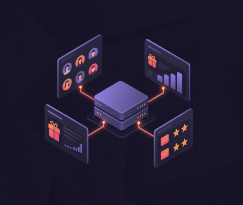 Affiliate network software hub connected to partner, offer and reporting dashboards