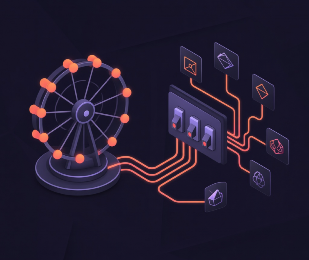 Traffic rotator wheel next to a rule-based routing switchboard