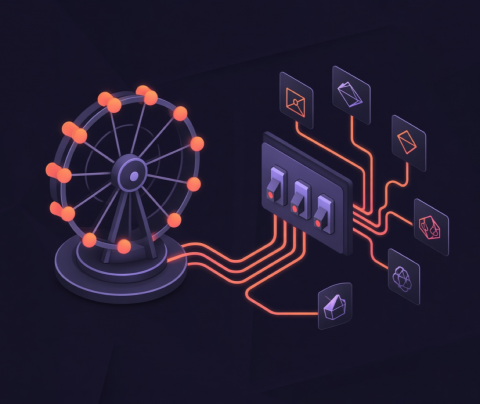 Traffic rotator wheel next to a rule-based routing switchboard